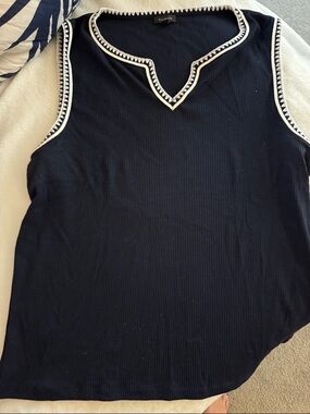 Talbots Navy Rib-Knit Top with Contrast Trim